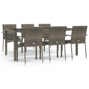 7 pcs conjunto de jantar p/ jardim c/ almofadões vime PE cinza H