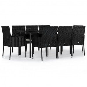 9 pcs conjunto de jantar p/ jardim c/ almofadões vime PE preto H