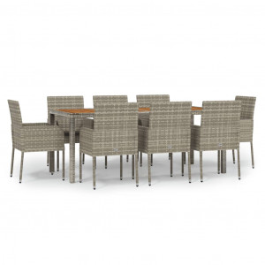 9 pcs conjunto de jantar p/ jardim c/ almofadões vime PE cinza H