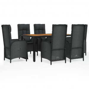 7 pcs conjunto de jantar p/ jardim c/ almofadões vime PE preto H