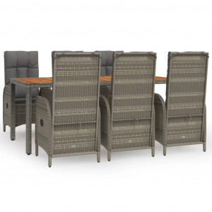 7 pcs conjunto de jantar p/ jardim c/ almofadões vime PE cinza H