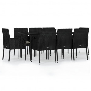 9 pcs conjunto de jantar p/ jardim c/ almofadões vime PE preto H