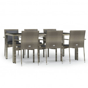 7 pcs conjunto de jantar p/ jardim c/ almofadões vime PE cinza H