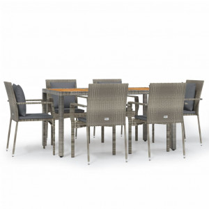 7 pcs conjunto de jantar p/ jardim c/ almofadões vime PE cinza H