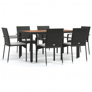7 pcs conjunto de jantar p/ jardim c/ almofadões vime PE preto H