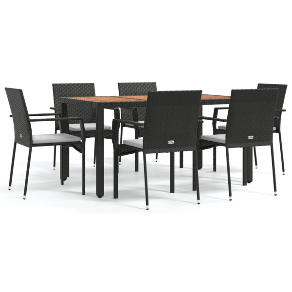 Set de comedor de jardín 7 pzas y cojines ratán sintético negro M 2