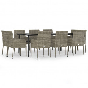 11 pcs conjunto jantar jardim c/ almofadões vime PE preto/cinza H