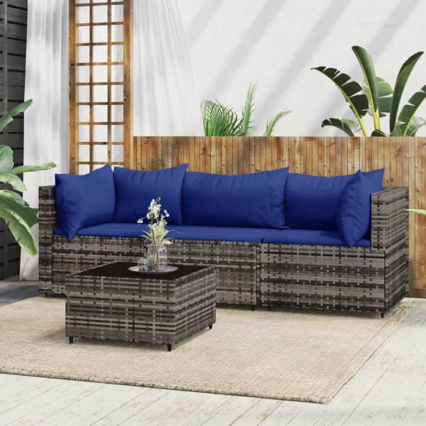 4 pcs conjunto lounge de jardim c/ almofadões vime PE cinzento D