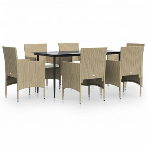 7 pcs conjunto de jantar p/ jardim c/ almofadões bege e preto H