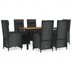 7 pcs conjunto de jantar p/ jardim c/ almofadões vime PE preto H