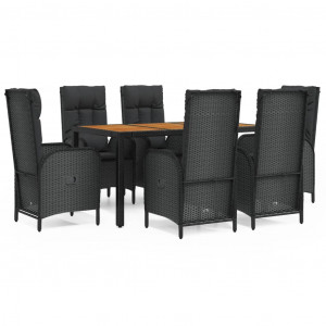 7 pcs conjunto de jantar p/ jardim c/ almofadões vime PE preto H