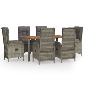 7 pcs conjunto de jantar p/ jardim c/ almofadões vime PE cinza H