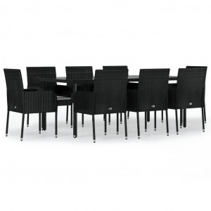 9 pcs conjunto de jantar p/ jardim c/ almofadões vime PE preto H