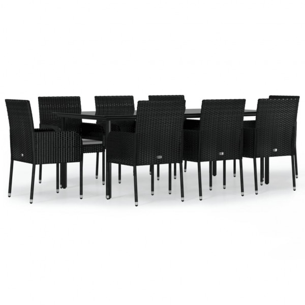 9 pcs conjunto de jantar p/ jardim c/ almofadões vime PE preto M 2