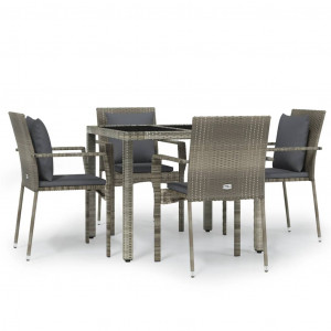 5 pcs conjunto de jantar p/ jardim c/ almofadões vime PE cinza H