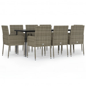 9 pcs conjunto jantar jardim c/ almofadões vime PE preto/cinza H