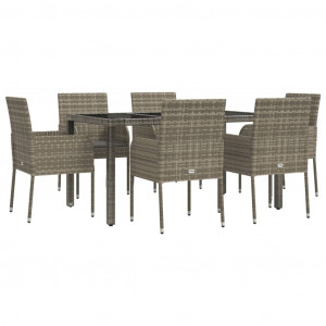 7 pcs conjunto de jantar p/ jardim c/ almofadões vime PE cinza H