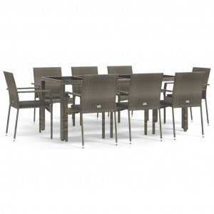 9 pcs conjunto de jantar p/ jardim c/ almofadões vime PE cinza H