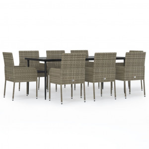 9 pcs conjunto jantar jardim c/ almofadões vime PE preto/cinza H