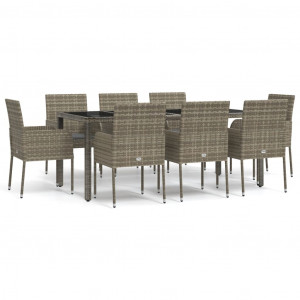 9 pcs conjunto de jantar p/ jardim c/ almofadões vime PE cinza H
