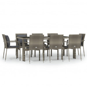 9 pcs conjunto de jantar p/ jardim c/ almofadões vime PE cinza H