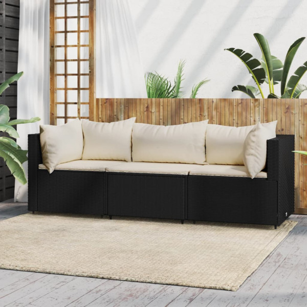 3 pcs conjunto lounge de jardim c/ almofadões vime PE preto D