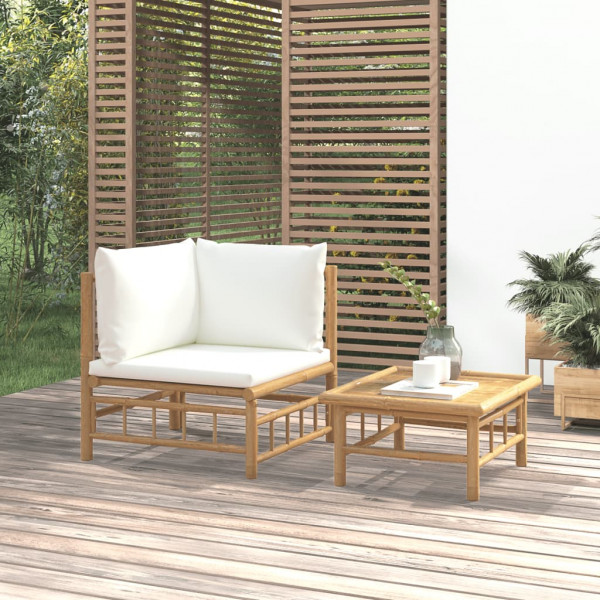 2 pcs conjunto lounge de jardim bambu c/ almofadões branco nata D