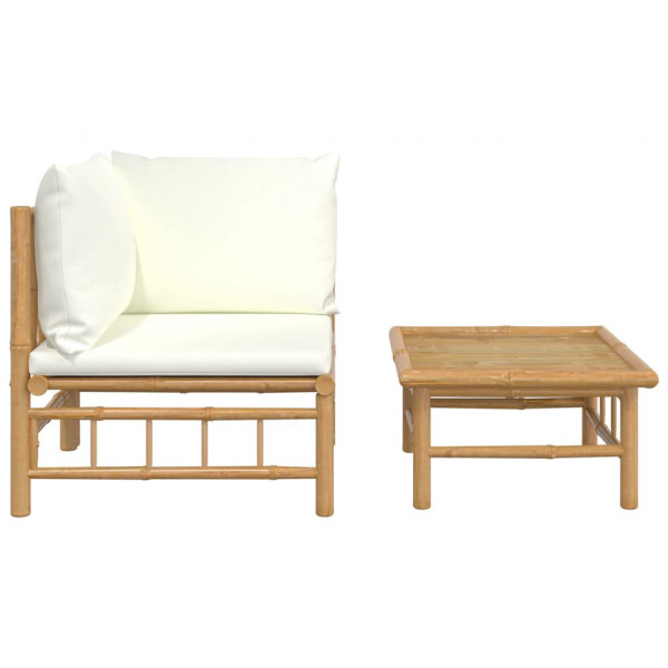 2 pcs conjunto lounge de jardim bambu c/ almofadões branco nata M 3