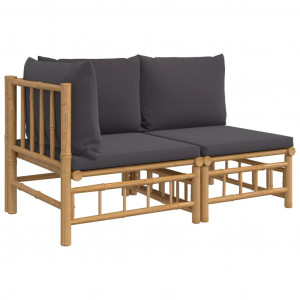 2pcs conj. lounge de jardim bambu c/ almofadões cinzento-escuro H