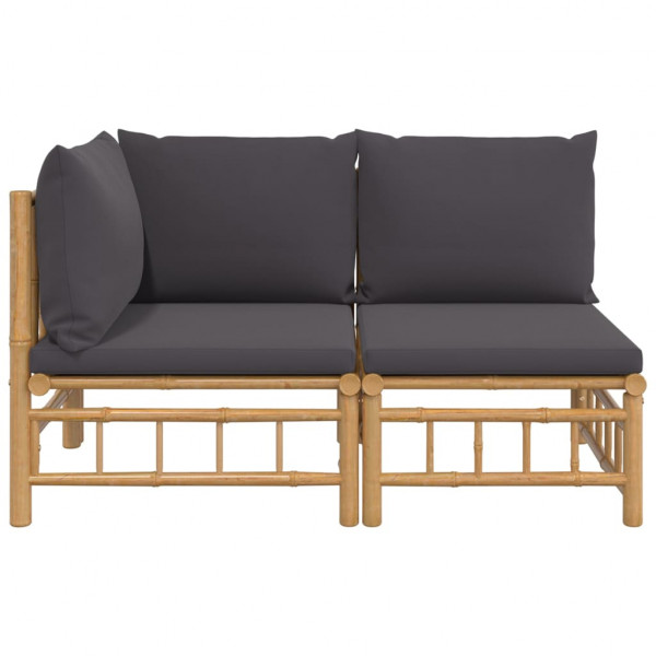 2pcs conj. lounge de jardim bambu c/ almofadões cinzento-escuro M 3