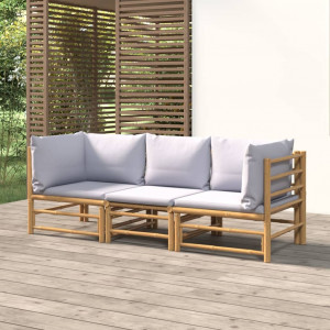 3 pcs conj. lounge de jardim bambu c/ almofadões cinzento-claro H