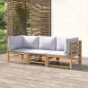 3 pcs conj. lounge de jardim bambu c/ almofadões cinzento-claro 2