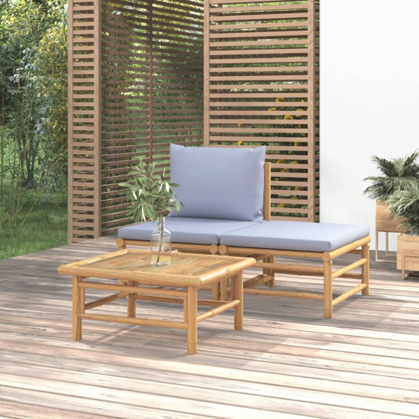3 pcs conj. lounge de jardim bambu c/ almofadões cinzento-claro D