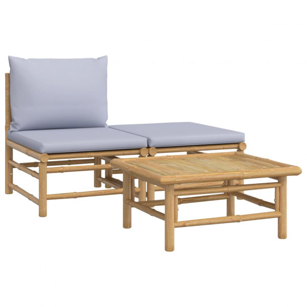 3 pcs conj. lounge de jardim bambu c/ almofadões cinzento-claro M 2