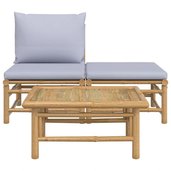 3 pcs conj. lounge de jardim bambu c/ almofadões cinzento-claro M 3