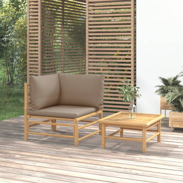 2 pcs conj. lounge jardim bambu almofadões cinzento-acastanhado D