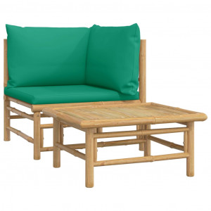 2 pcs conjunto lounge de jardim bambu c/ almofadões verdes H