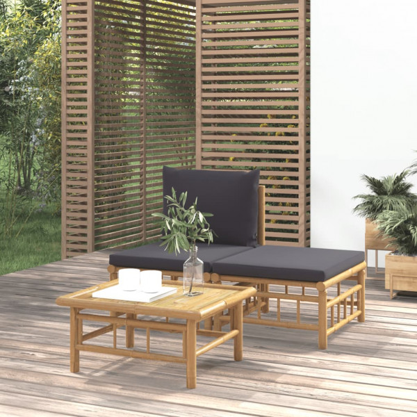 Set de muebles de jardín 3 piezas bambú con cojines gris oscuro D