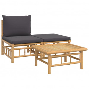 3pcs conj. lounge de jardim bambu c/ almofadões cinzento-escuro H