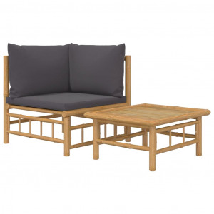 2pcs conj. lounge de jardim bambu c/ almofadões cinzento-escuro H