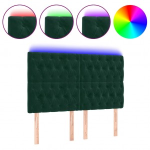 Cabeceira de cama c/ LED veludo 144x7x118/128 cm verde-escuro H