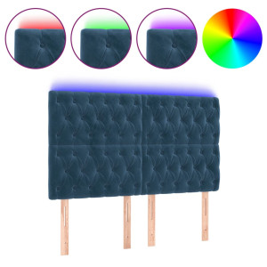 Cabeceira cama c/ luzes LED veludo 144x7x118/128cm azul-escuro H