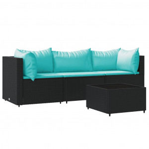 4 pcs conjunto lounge de jardim c/ almofadões vime PE preto H
