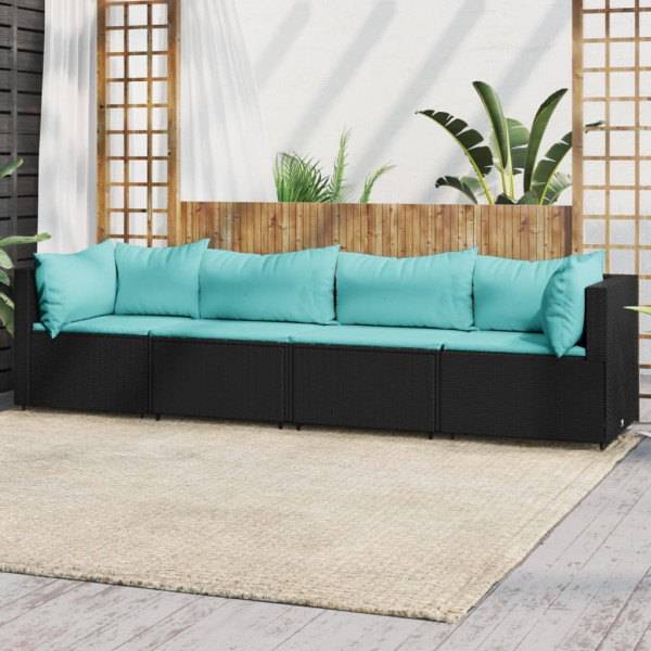 4 pcs conjunto lounge de jardim c/ almofadões vime PE preto D