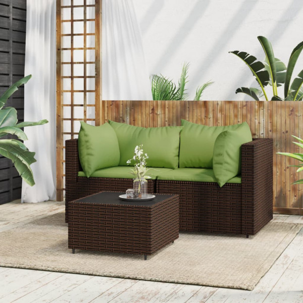 Set muebles de jardín 3 piezas y cojines ratán sintético marrón D