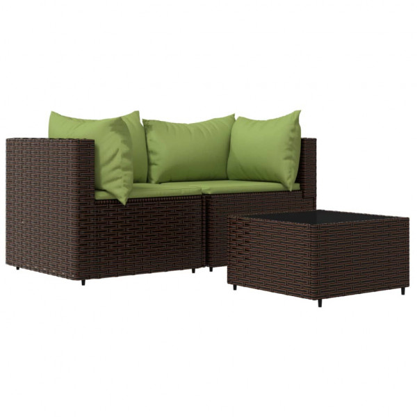 3 pcs conjunto lounge jardim c/ almofadões vime PE castanho M 2