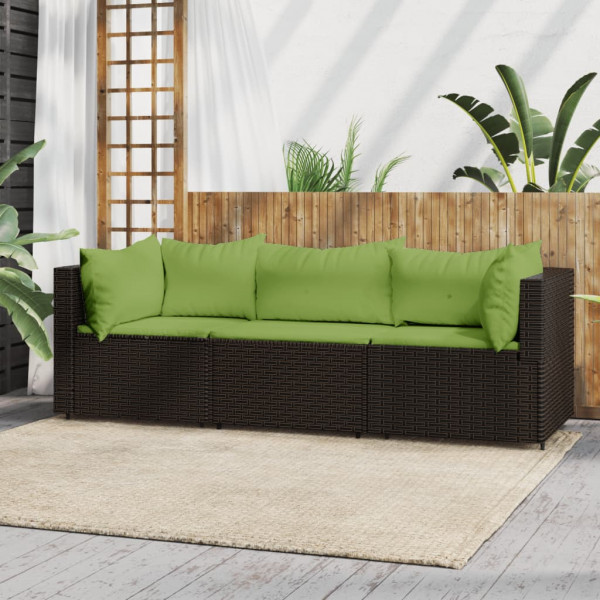 3 pcs conjunto lounge jardim c/ almofadões vime PE castanho D
