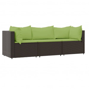Set muebles de jardín 3 piezas y cojines ratán sintético marrón H