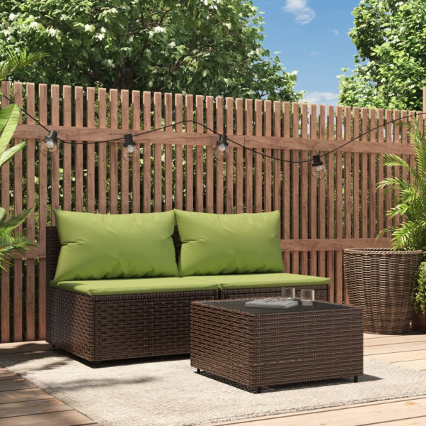 Set muebles de jardín 3 piezas y cojines ratán sintético marrón D