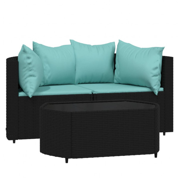 3 pcs conjunto lounge de jardim c/ almofadões vime PE preto M 2